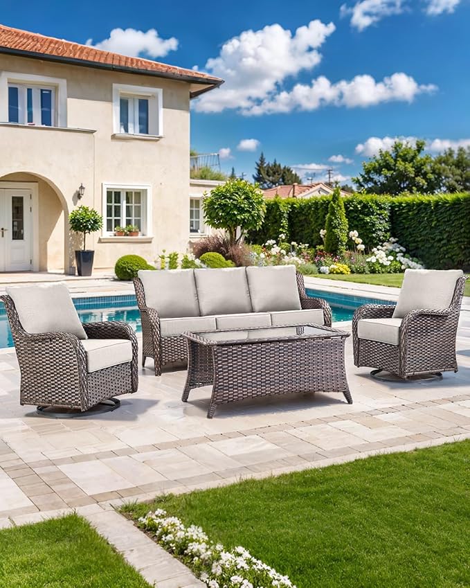 Luxury 22x24/22x25 6-Inch Outdoor Seat Cushions - Set of 2 Water Resistant Patio Chair Seat Comfortable Cushion for Rattan Dining Rocker Glider Chairs Loveseat Couch Sectional Sofa - Beige