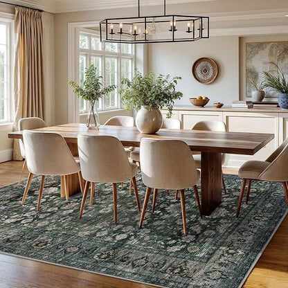 KUTA Vintage 8x10 Area Rugs for Living Room, Washable Large Rug for Bedroom 8ft x 10ft Non-Slip, Dark Green Ultra Thin Soft Printed Traditional Floral Medallion Distressed Dining Room Low-Pile Carpet