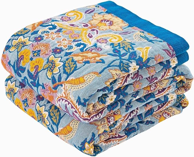 Blue Orange Fall Blanket 50"x 60" Boho Throw Blankets for Couch Bed Chair, 100% Cotton Quilts Warm Soft Blanket Muslin Bed Blankets Home Decor Farmhouse Warm Throws Gifts for Women Mom