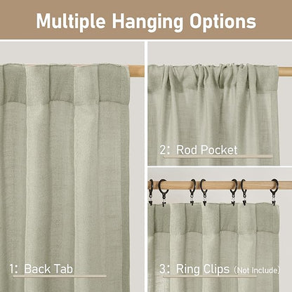 LAMIT Sage Grey Sheer Linen Curtains 63 Inch for Bedroom, Light Filtering Neutral Semi Sheer Farmhouse Boho Curtains Back Tab and Rod Pocket Living Room Panels, 2 Panels, 52 x 63 Inch