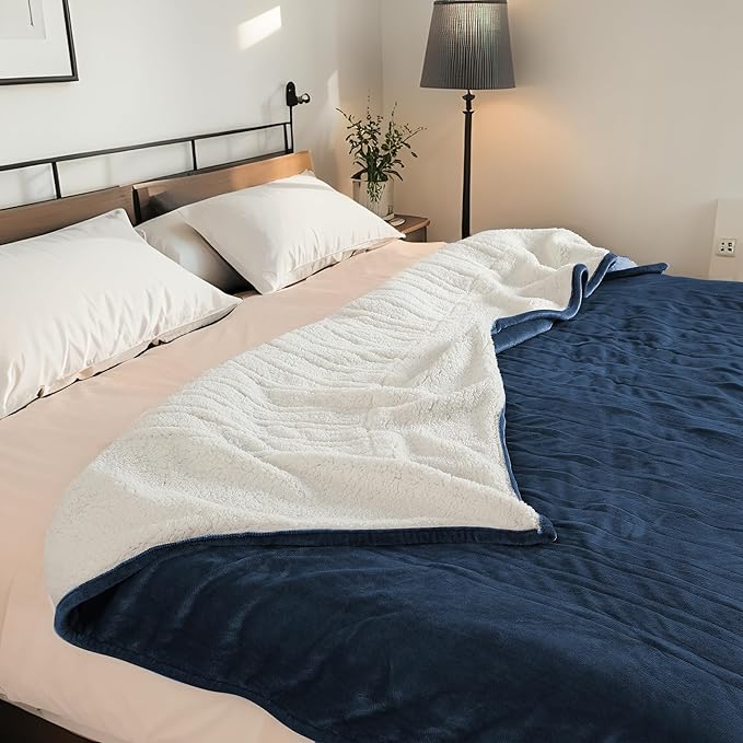 Electric Heated Blanket Queen Size 84"x90" - Dual-Sided with Microplush & Sherpa Fabric, 4 Heat Settings & 10 Hours Auto Off, Dual Controller, Machine Washable - Dark Blue