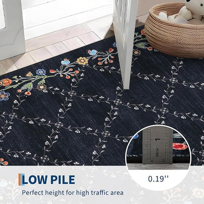 GarveeHome 10x13 Washable Floral Area Rugs for Living Room: Modern Floral Non Slip Large Area Rugs for Bedroom, Large Machine Washable Living Room Low Pile Carpet with Non-Slip Backing Black 10'x13'.