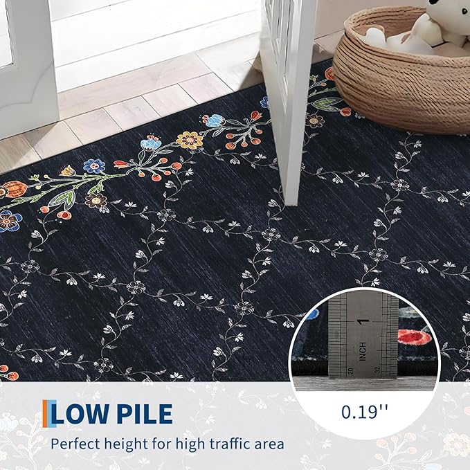 Garveehome 5x7 Washable Floral Area Rugs for Living Room: Modern Floral Non Slip Large Area Rugs for Bedroom, Large Machine Washable Living Room Low Pile Carpet with Non-Slip Backing Black 5 ft x7 ft.