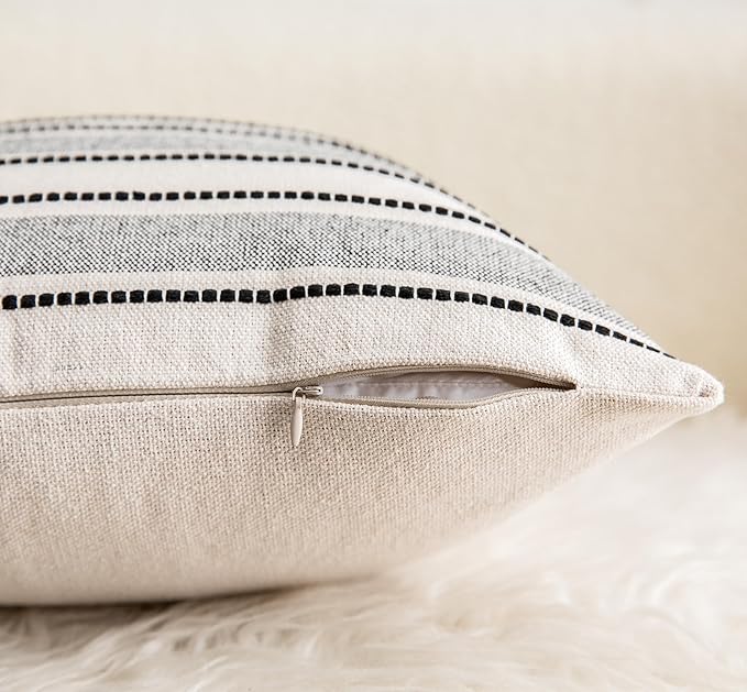 Decorative Boho Throw Pillow Covers, Farmhouse Textured Pillow Case, 18 x 18 Inch Set of 2, Chair Sofa Bedroom Living Room Home Decor Couch Cushion Case, Black and Beige Striped