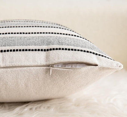 Decorative Boho Throw Pillow Covers, Farmhouse Textured Pillow Case, 18 x 18 Inch Set of 2, Chair Sofa Bedroom Living Room Home Decor Couch Cushion Case, Black and Beige Striped