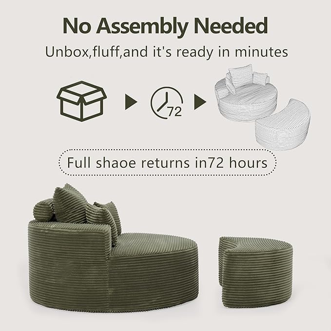 55.11" W Oversized Round Chaise Lounge Chair, Deep Seat Corduroy Cloud with Pillows, Moveable Ottoman and Blanket– Comfy Circle Loveseat Sofa Chair for Living Room or Bedroom (Green)