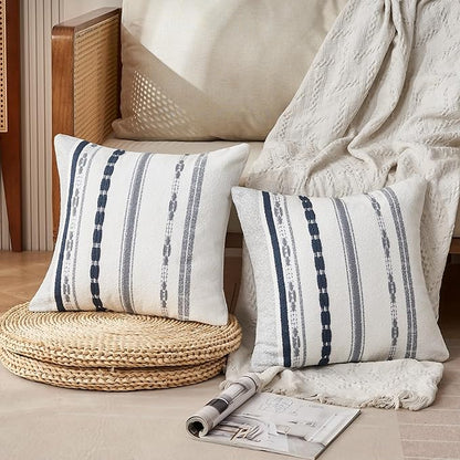Chenille Boho Pillow Covers 18x18 Inch Decorative Throw Pillow Covers Striped Square Pillowcase Covers Modern Farmhouse Home Decor Pillow Protectors with Zipper Standard Size, Set of 2