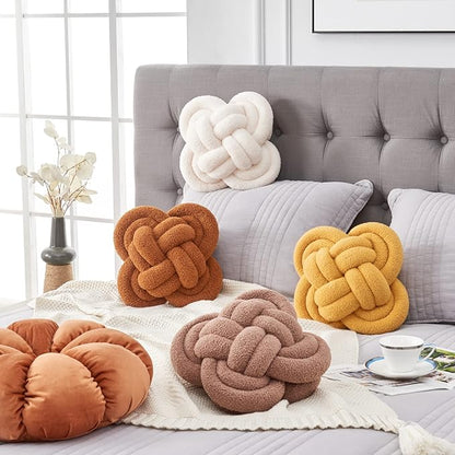 Xiashrk Knot Pillow Ball, 12" Soft Decorative Throw Pillows for Couch Bed, Rust Red Knotted Plush Throw Pillow Handmade Square Cushion Home Couch Decor Pillows for Living Room