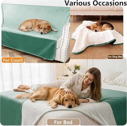 Waterproof Blanket for Couch, Leak Proof Dog Bed Blankets Reversible, Pet Throw Sofa Furniture Protector Machine Washable-52 x82,Green+Cream