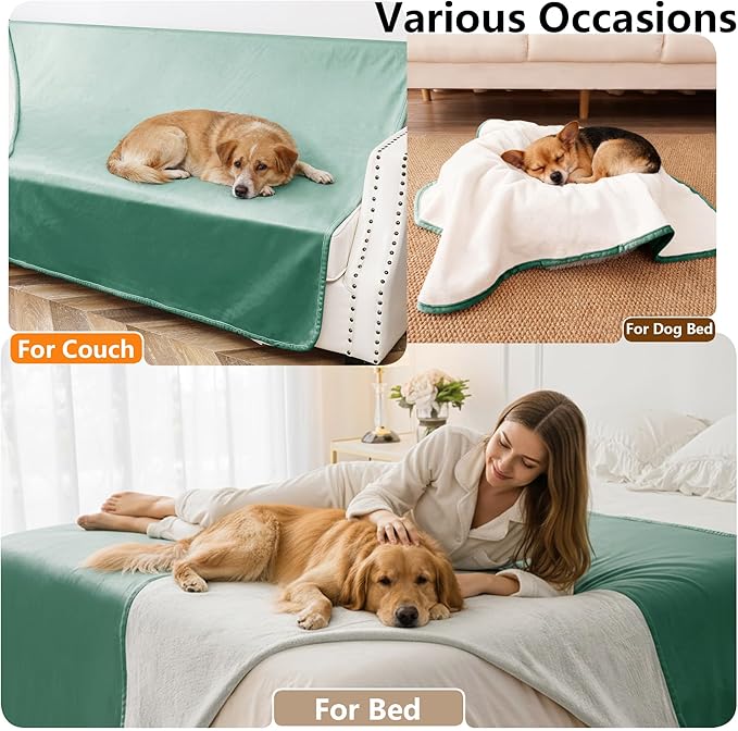 Waterproof Blanket for Bed, Leak Proof Dog Couch Blankets Reversible, Pet Throw Sofa Furniture Protector Machine Washable-82 x120,Green+Cream