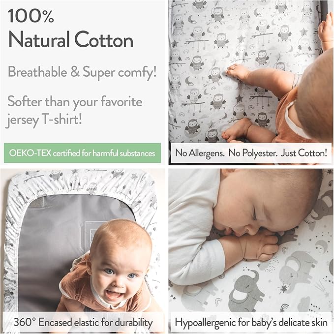 Joey + Joan Bassinet Fitted Sheets 19" x 32" for Cowiewie Bedside Sleeper Bassinet Mattress Pad – Snuggly Soft 100% Jersey Cotton – Grey Stars Elephants – 2 Pack