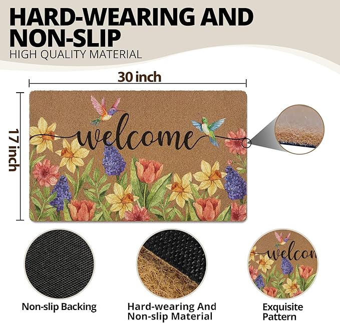 Spring Colorful Floral Birds Door Mat, Flower Welcome Front Door Mat Indoor Outdoor Entrance, Rustic Botanical Artificial Coir Doormat Rugs for Patio Entry Kitchen Decor 30x17in