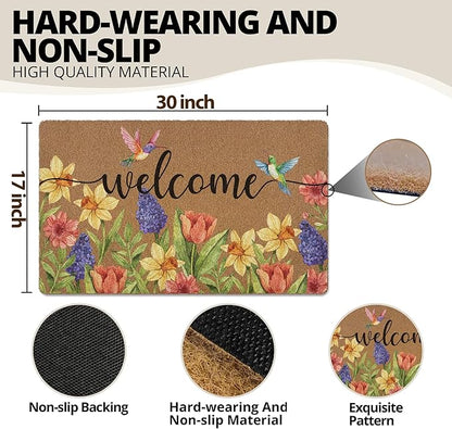 Spring Colorful Floral Birds Door Mat, Flower Welcome Front Door Mat Indoor Outdoor Entrance, Rustic Botanical Artificial Coir Doormat Rugs for Patio Entry Kitchen Decor 30x17in
