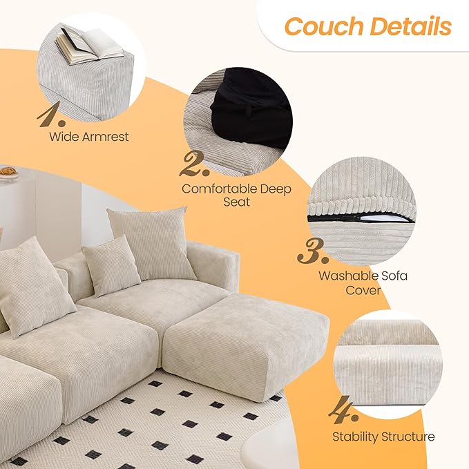 JACH 181" Oversized Modular Sectional Sofa, U-Shaped Deep 4-Seats Sectional Couch with Chaise Ottomans, Huge Plus Convertible Soft Sofas, Corduroy Minimalist Couches for Living Room, Apartment, Beige