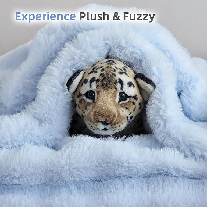 Smoofy Faux Fur Throw Blanket for Couch Rabbit Fleece - Light Blue Fluffy Blanket for Sofa Bedroom Living Room, Cozy Soft Plush Luxury Thick Winter Fuzzy Comfy Bubble Blanket - 60" x 80"