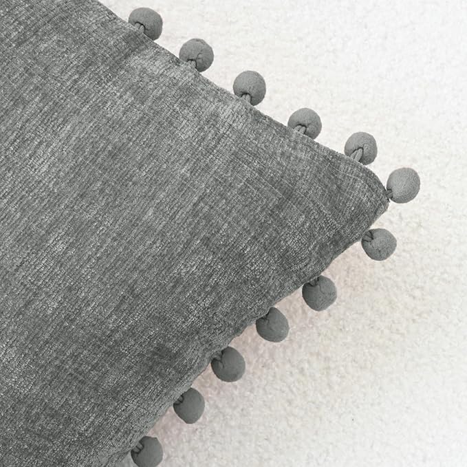 CaliTime Throw Pillow Covers Decorative 20 X 20 Inches Pack of 2 Cozy Solid Dyed Soft Chenille Cushion Cases with Pom Poms for Couch Sofa Bed Living Room Home Medium Grey