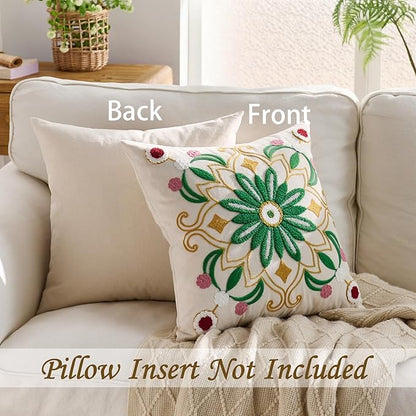 Embroidered Throw Pillow Cover 22x22 Classic Boho Floral Pattern Pillows Cover Outdoor Decorative Pillowcase,Durable Cozy Textured Cushion Case for Sofa Couch Bed Living Room,Green Yellow