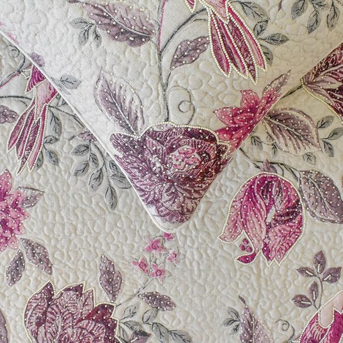 The HomeCentric King/Queen/Twin Pink Decorative King 90"x18" Bed Runner with Pillow Cover, Quilted, Printed & Pearl Embroidery Bed Scarf on Cotton Fabric - Vintage Birdie