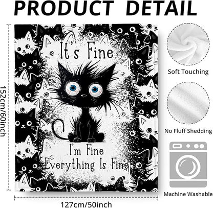 Funny Black Cat Blanket, It's Fine Everything is Fine Funny Throw Blankets for Home Bedroom Living Room Couch Bed Decor, Black Cat Mom Lovers Gifts for Women, 50x60 Inch