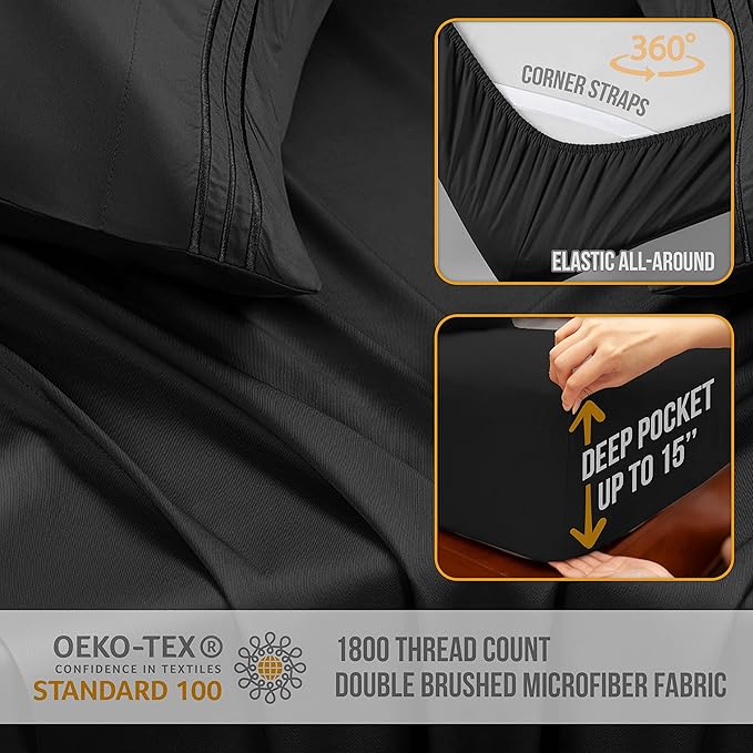 California King Sheet Sets - Luxury Hotel Bed Sheets - Soft Cooling Sheets with Elastic Corner Straps - Deep Pocket Microfiber - Bedding Sheet & Pillowcases - 4 PC (Cal King Size, Black)