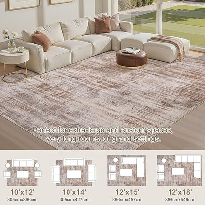 Area Rug for Living Room: 12x15 Washable Neutral Abstract Modern Soft Rugs Non Slip Indoor Floor Stain Resistant Large Carpet for Bedroom Dining Room Office Nursery - Red Brown