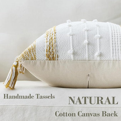 Boho Pillow Cover 18x18 Mustard Yellow - Handmade Woven Textured Throw Pillow Case with Cordings & Tassels, Decorative Accent for Couch Sofa Farmhouse Living Room Home Decor