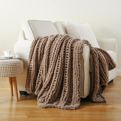 Battilo Beige Chunky Knit Throw Blanket for Couch, Super Soft Thick Warm Cable Knitted Blanket, Khaki Chenille Throw Taupe Blankets for Bed,Sofa, Living Room, 50"x60"