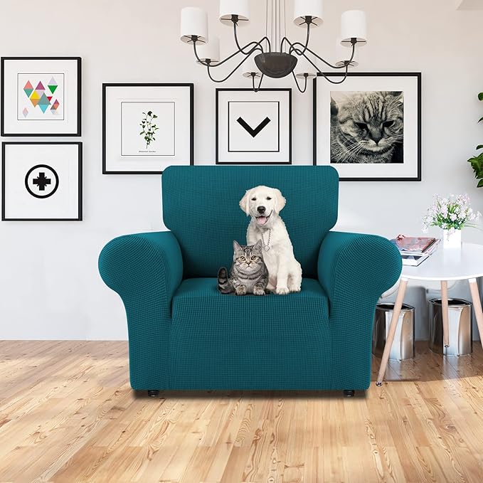 LURKA Stretch Chair Sofa Slipcovers 1 Piece Couch Covers for Sofa Furniture Protector Full Sofa Covers with Elastic Bottom for Kids and Dog (Small,Peacockblue)