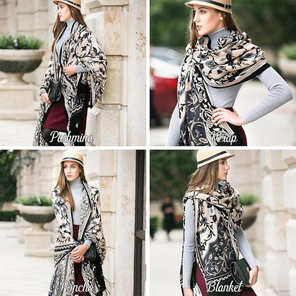 DANA XU 100% Merino Wool Extra Large Pashmina Blanket Travel Scarf Cashmere Wrap for Women Fall Winter Oversize Shawl Floral