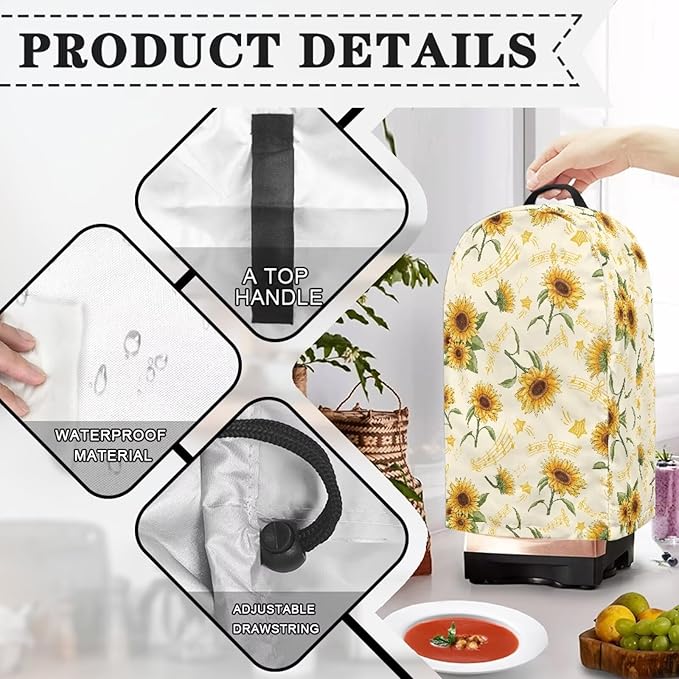 Blender Dust Cover, Sunflower Music Notes Stand Mixer or Coffee Maker Appliance Cover Food Processor Hood for Home Kitchen Small Appliance Covers