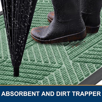 Smiry Front Door Mat Outside Entrance, Heavy Duty Sturdy Natural Rubber Doormat, Trap Dirt and Moisture, Easy Clean Low Profile Mats for Indoor Outdoor Entry, Irregular Triangle (29.5x17, Mint Green)