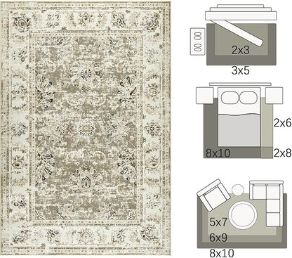jinchan Fiora Washable Area Rug 8x10 for Living Room - Soft Faux Wool Ultra-Thin Stain Resistant Non-Slip Distressed Vintage Floral Large Carpet for Bedroom, Home Office, Nursery(Taupe, 8'x10')