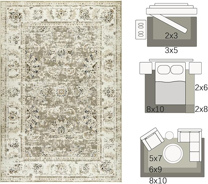 jinchan Fiora 6x9 Area Rug for Living Room Washable Soft Throw Rug Ultra-Thin Stain Resistant Non-Slip Distressed Vintage Floral Large Carpet for Bedroom Dining Room Home Office Nursery(6x9ft, Taupe)