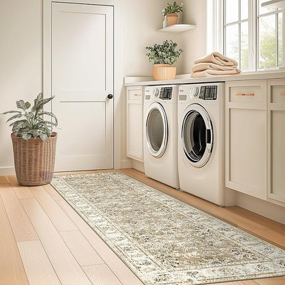 jinchan Fiora Runner Rug 2x5 Machine Washable Hallway Rug Taupe Vintage Floral Print Non-Slip Low Pile Ultra-Thin for Kitchen, Entryway, Laundry Room, Bedroom, Farmhouse (2‘x5’, Taupe)