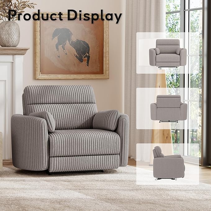 Bonzy Home Oversized Electric Recliner Chair for Adults with Extra-Wide Seat Cushion, Overstuffed Corduroy Power Recliner, Modern Round Single Sofa with 2 Pillows for Living Room, Bedroom, Grey