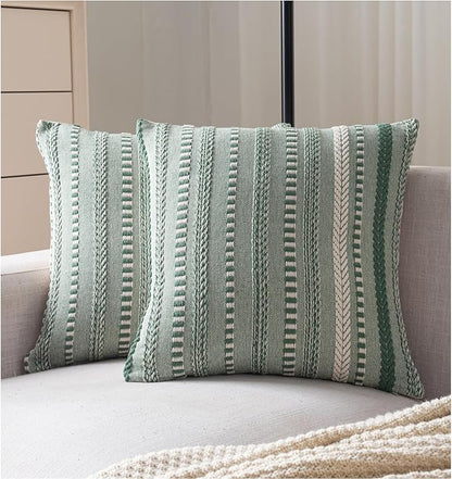 Boho Throw Pillow Covers 18x18 Inch Set of 2, Farmhouse Decorative Couch Pillow Cases, Light Green Accent Pillows of Bed, Sofa Bedroom Living Room Home Decor Cushion Cover