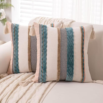 Boho Throw Pillow Covers 18x18 Set of 2 Woven Tufted Farmhouse Pillows Cover with Tassels Textured Striped Cushion Case Neutral Pillow Cases Decorative Pillowcase for Sofa Couch Bed,Blue