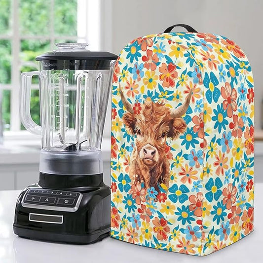 Kitchen Blender Dust Cover with Drawstring and Handle, Floral Highland Cow Print Dust Protection Easy to Clean Small Appliance Food Processor Coffee Maker Cover