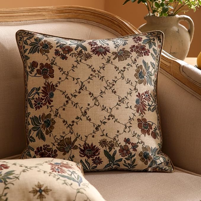 patdrea Designer Throw Pillow Covers Set of 2,Square Euro Retro Style Light Brown Linen with Floral Pattern Pillow Cover,Decorative Pillowcases Cushion for Bed Living Room Outdoor Car,18"x18"