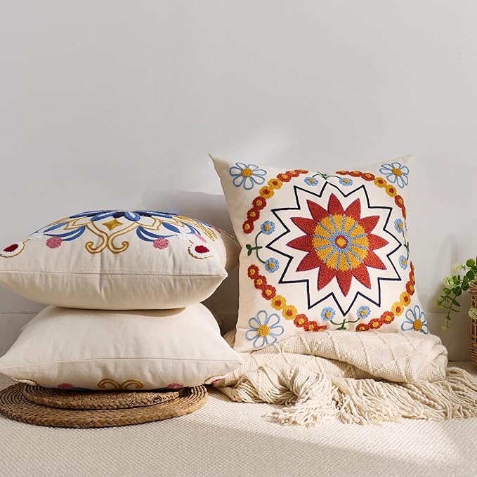 Embroidered Throw Pillow Cover 22x22 Classic Boho Floral Pattern Pillows Cover Outdoor Decorative Pillowcase,Durable Cozy Textured Cushion Case for Sofa Couch Bed Living Room,Orange
