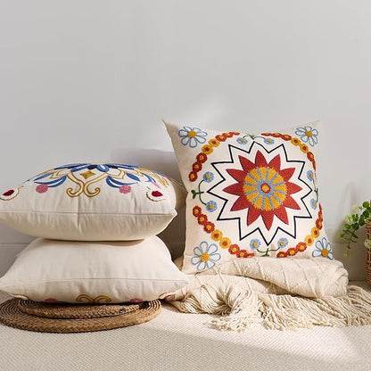 Embroidered Throw Pillow Cover 18x18 Classic Fall Boho Floral Pattern Pillows Cover Outdoor Decorative Pillowcase,Durable Cozy Textured Cushion Case for Sofa Couch Bed Living Room,Orange