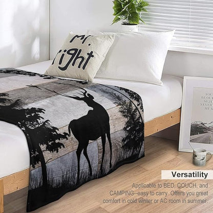 Rustic Deer Throw Blanket, Retro Cabin Farmhouse Country Lodge Blue Brown Wooden Board Wild Forest Animals Deer Bird Print Warm Cozy Blanket for Bed Couch Sofa Travel, 40"x50"