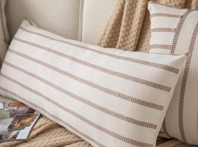 Caflife Boho Lumbar Throw Pillow Cover 14X36 Long Soft Farmhouse Decorative Couch Pillow Cases Beige Striped Body Pillow Covers Neutral Cushion Covers for Sofa Bed Living Room Home Decor Pack of 1
