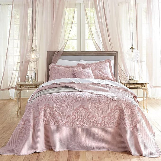 BrylaneHome Bedding Lightweight All Season Modern Amelia Quilted Damask Oversized Ultra Soft Bedspread - Twin, Pale Rose