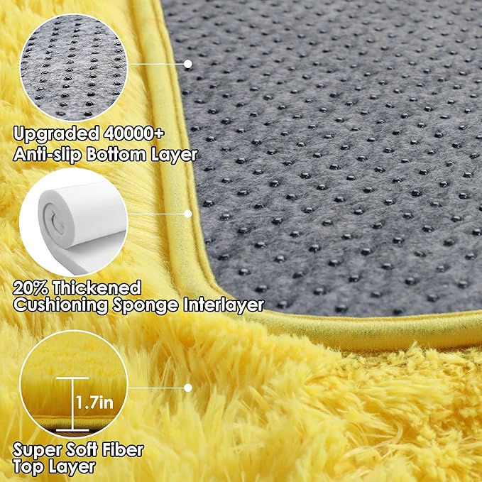 ONASAR Yellow Area Rugs for Bedroom Living Room, Washable Fluffy 4x6 Indoor Bedside Floor Throw Rug, Soft Plush Shaggy Carpet for Nursery Kids Girls Boys Teen Dorm Home Office Decor Aesthetic