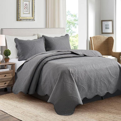IR Imperial Rooms Queen Quilt Bedding Set Size (90" x 96") + 2 Pillow Shams (20" x 26"+ 2") - 3 Pcs All Season Lightweight Reversible Microfiber Coverlet Floral Embossed Quilt Bedspread (Grey)