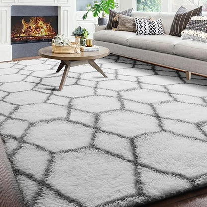 ONASAR Area Rugs for Living Room, Washable 7x10 Fluffy White and Grey Rug for Bedroom, Geometric Moroccan Indoor Shaggy Boho Soft Plush Floor Carpet for Kids Teen Nursery Dorm Home Decor Aesthetic