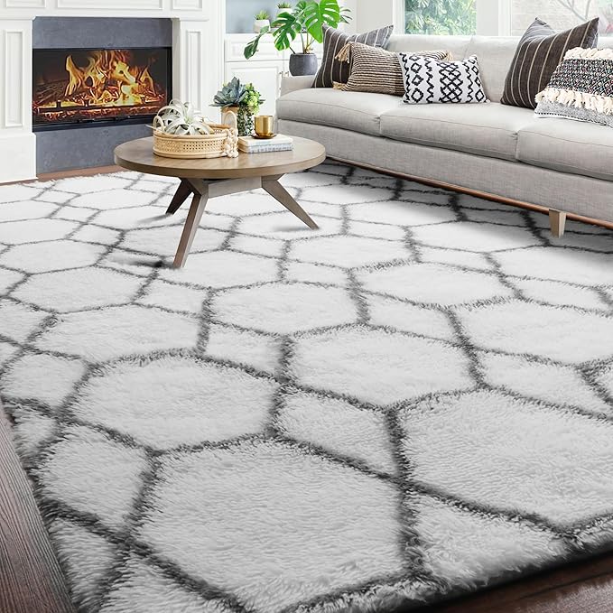 ONASAR 8x10 Area Rugs for Living Room, Washable Fluffy White and Grey Rug for Bedroom, Geometric Moroccan Indoor Shaggy Boho Soft Plush Floor Carpet for Kids Teen Nursery Dorm Home Decor Aesthetic
