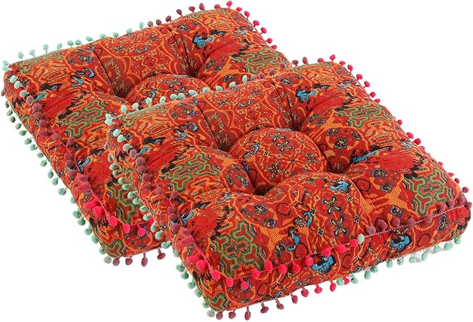 Bohemian Seat Cushion，Indoor & Outdoor 16.5" x 16.5" Seating Cushion for Dinning Chairs, Decorative with Tassels(2Pcs, Orange)