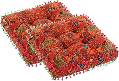 Bohemian Seat Cushion，Indoor & Outdoor 16.5" x 16.5" Seating Cushion for Dinning Chairs, Decorative with Tassels(2Pcs, Orange)